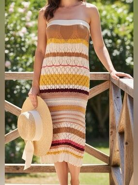 Lalavon Boho Crochet Sweater Knit Tube Dress Maxi Skirt L